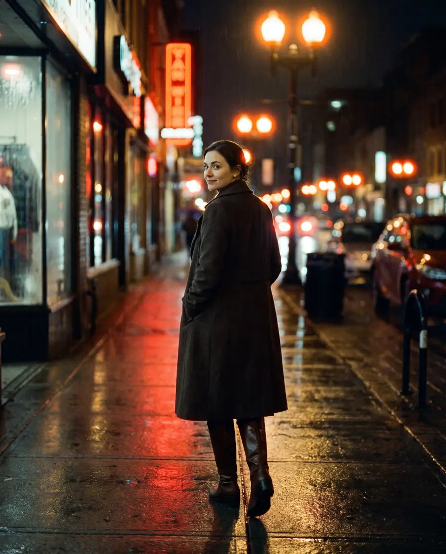 Woman looking back over her shoulder on a city street at night